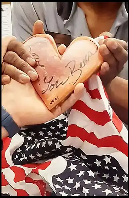 Book Author and Veteran David Haave sending his adopted sissy Rebecca a handmade heart for her service helping the community 2020 USA -- David Haave